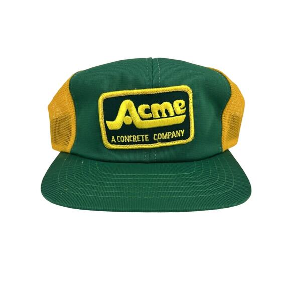 Vintage Acme Concrete Company Snapback Mesh Trucker Hat Yellow/Green 1990's - Picture 2 of 11
